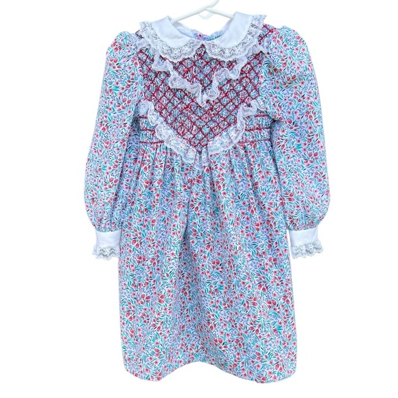 Vtg Polly Flinders Delicate Floral Long Sleeve Dress DiamondSmocked Lace Sz 3T
